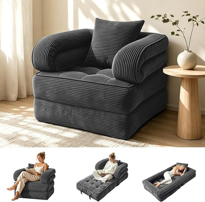 Folding Sofa Bed, Convertible Sleeper Chair with Armrests for Adults, Foldable Corduroy Boneless Bed, 3-in-1 Portable Futon Couch Floor Sofa with Pillow for Bedroom, Living Room, Dark Gray