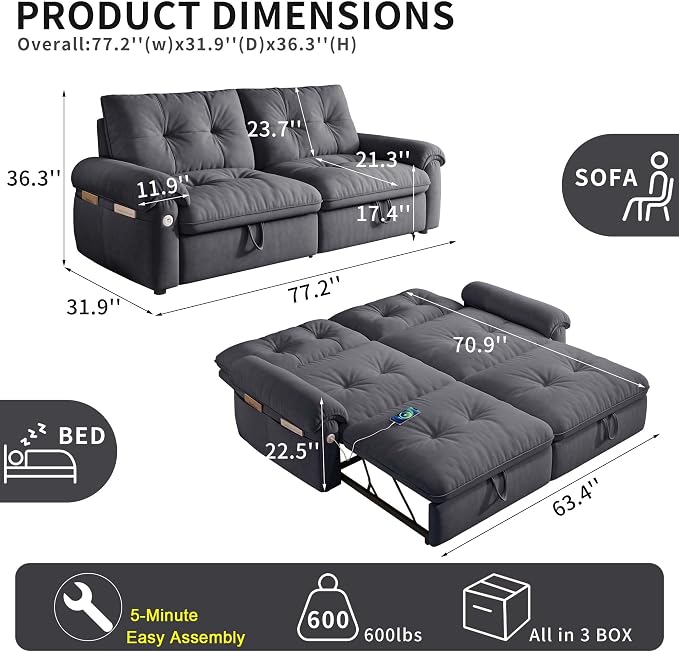 77.2'' Pull Out Couch Full Size, Pre-Assembled Sleeper Sofa Bed, Flannel Convertible Futon Sofa Bed with Adjustable Backrest, USB, Side Pockets, Loveseat for Living Room, Apartment, Dark Grey