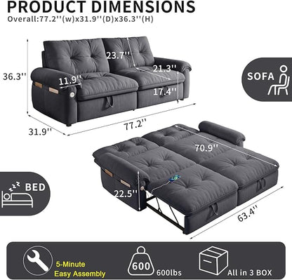 77.2'' Pull Out Couch Full Size, Pre-Assembled Sleeper Sofa Bed, Flannel Convertible Futon Sofa Bed with Adjustable Backrest, USB, Side Pockets, Loveseat for Living Room, Apartment, Dark Grey