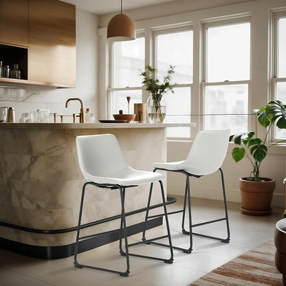 Athena Collection 23'' Counter Height Bar Stools Bar Chairs Set of 2 Modern PU Leather Bucket Chairs with Back Soft Foam Filled Metal Frame Bar Stools with Footrest for Pub, Bistro, Kitchen, White