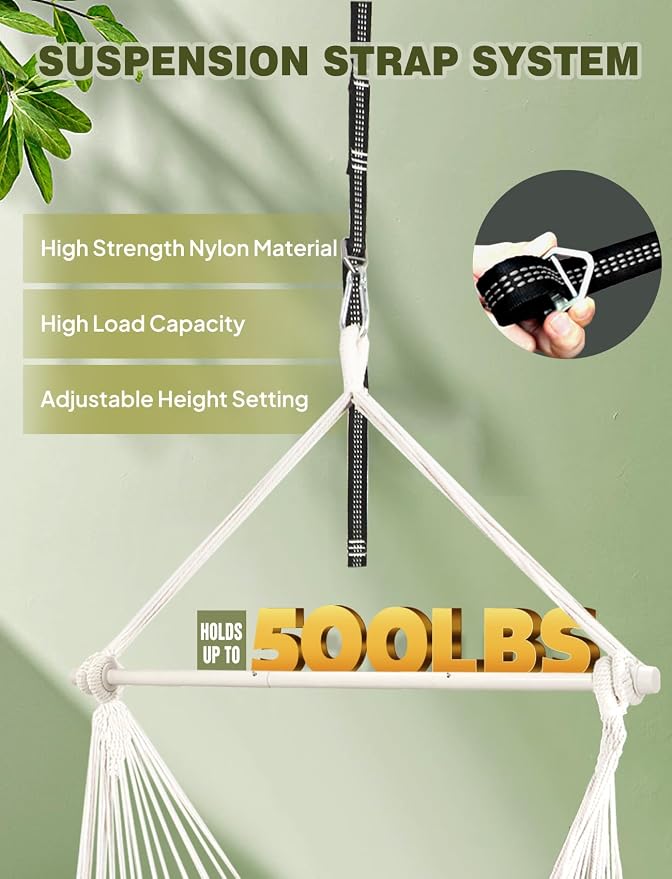 Chihee Hammock Chair Hanging Swing Max 500 Lbs 2 Cushions Included Steel Spreader Bar with Anti-Slip Grooves Portable Hanging Chair Side Pocket Large Macrame Bohemian Chair Indoor Outdoor