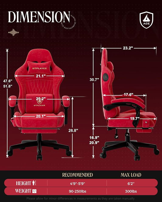 GTPLAYER Gaming Chair with Speakers, Video Game Chairs with Footrest, PC Gamer Chairs for Adults - Padded High Back Ergonomic Reclining Silla Gamer, Linkage Armrest, Ace Pro, Cherry Red（Velvet）