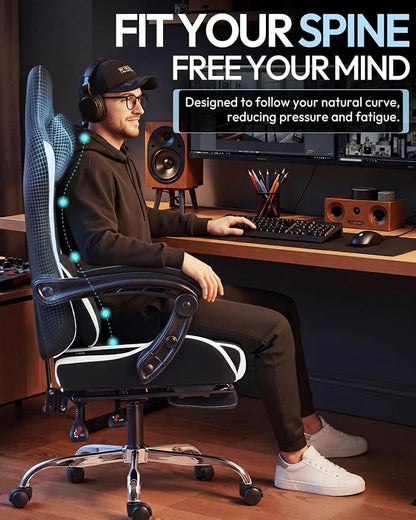 Dowinx Ergonomic Gaming Chair with Footrest & Massage Lumbar, 2D-Linkage Armrests for Computer Chair 330lbs with Headrest Pillow for Office, Home, Streaming and Long Gaming Sessions, Fabric White