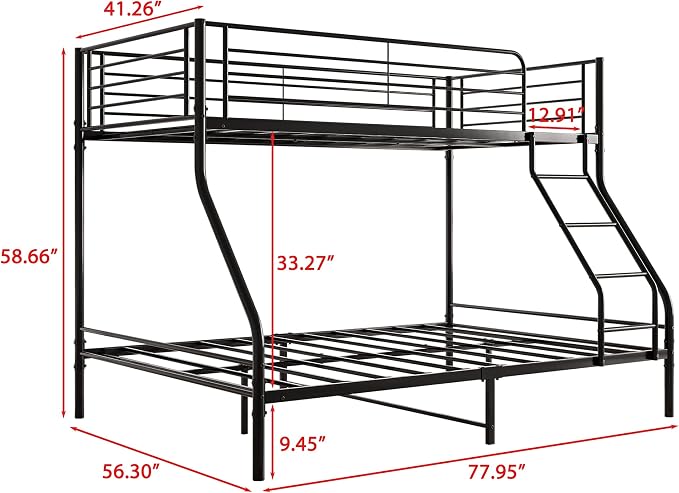 EMKK Twin Over Full Bunk Bed for Adults, Metal Bunk Beds Twin Over Full Size for Teens Dorm Bedroom Guest Room,Heavy Duty Bunk Beds with Ladder and Safety Full Length Guardrail (Black D)