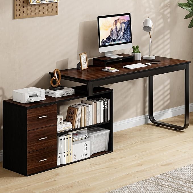 MaverickFurni 55" L Shaped Desk with Drawers and Shelves, Home Office Desk with Monitor Stand for Work Writing Study, Reversible Corner Desk with Storage, Black