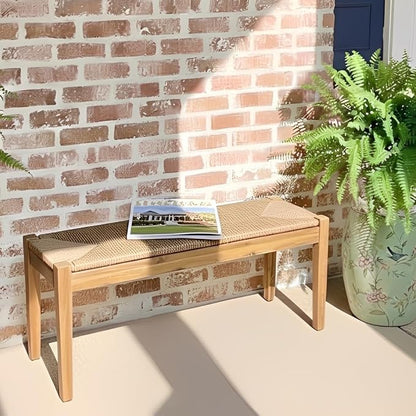 Vintage Entryway Bench, 45 inch Acacia Wood Bench with Woven Rope Seat, Wicker Bench Indoor for Hallway, End of Bed, Rustic Farmhouse Boho Style, Rope Dining Bench (Natural)