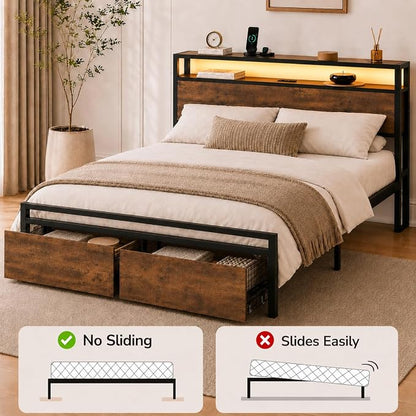Zevemomo Queen Size Bed Frame with Storage Drawers, Bed Frame Queen Size with Headboard, LED Light, Charging Station with 3 USB Ports & 1 Type-C Port, Noiseless, Rustic Brown