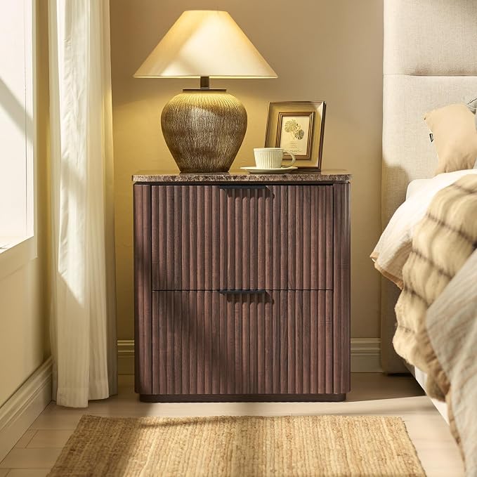 Fluted Nightstand with Faux Marble Top, Modern Bedside Table | FSC-Certified Engineered Wood, 24" H, 2 Drawers, Rounded Corner, Metal Handle, for Bedroom, Dark Oak