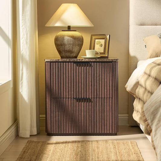 Fluted Nightstand with Faux Marble Top, Modern Bedside Table | FSC-Certified Engineered Wood, 24" H, 2 Drawers, Rounded Corner, Metal Handle, for Bedroom, Dark Oak