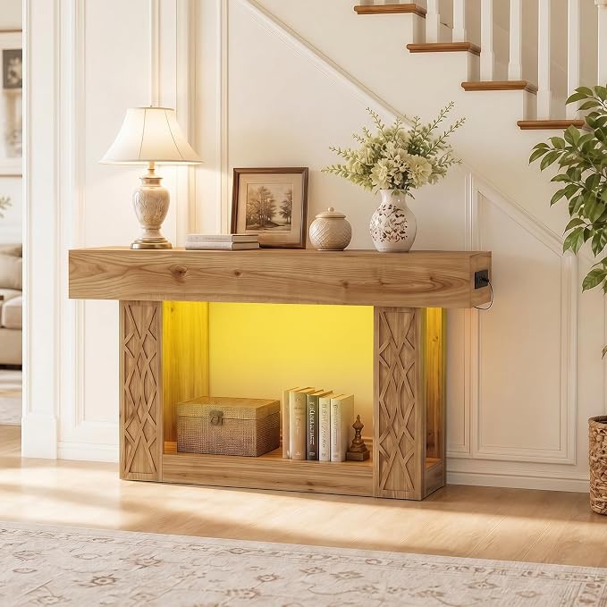 Unikito 63" Console Table with Outlets & LED Lights, Farmhouse Entryway Table with Unique Geometric Pattern, Sofa Table Behind Couch with 2-Tier Storage for Living Room, Hallway, Foyer, Natural Oak