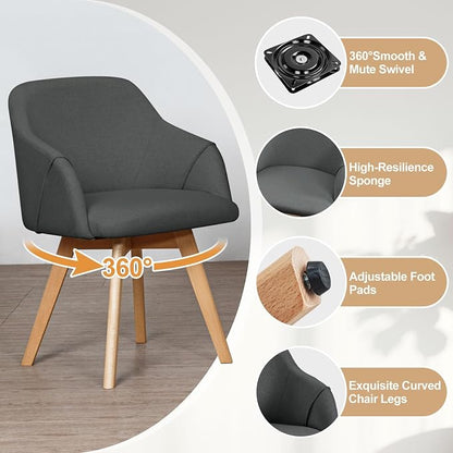 Swivel Dining Chairs Set of 6, Mid Century Modern Dining Chairs with Arms, Linen Fabric Upholstered Kitchen Dining Room Chairs with Solid Wood Legs for Living Room Grey