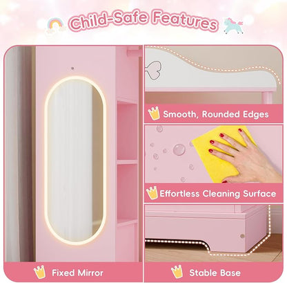 Xilingol Kids Armoire Dress Up Storage with Mirror, Kids Wardrobe Closet with Jewelry Cabinet and Storage Shelves, Open Hanging Armoire Costume Organizer for Bedroom (Pink)