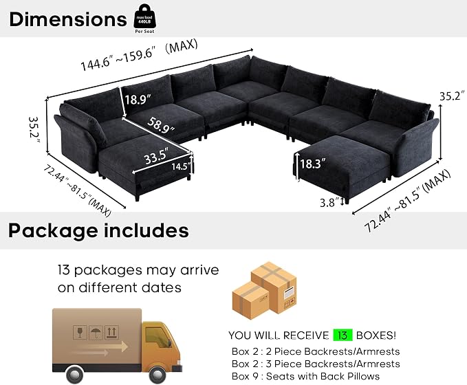 DreamDashio Oversized Sectional Couches for Living Room, 159" Extra Wide, Deep Cloud Modular Sectional Sofa with Storage, Adjustable Arms, High Backs, 9 Seater, Dark Grey Chenille