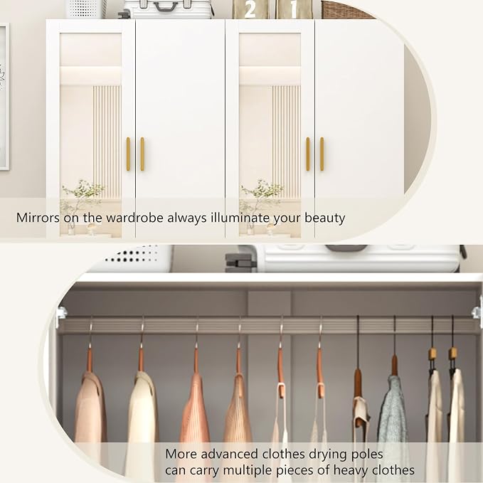 jiteentarou 2 Door Wardrobe Closet with Mirrors and LED Lights, Small Bedroom Armoire with Drawers, Modern Wooden Armoire Wardrobe Closet with Hanging Rod for Bedroom, White