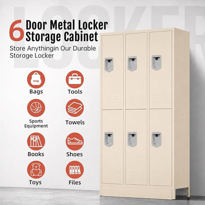 BUTISOW 6 Door Metal Storage Locker for Employees, Heavy Duty Steel School | Locker with Lift Up Handle & Recessed Hasp, Gym Office Lockers with Adjustable Shelves & Hooks, Beige