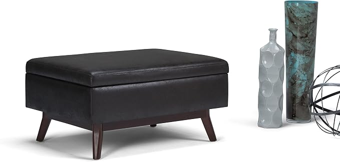 SIMPLIHOME Owen Coffee Table Storage Ottoman - 34" Wide x 19" High Upholstered Vegan Leather Rectangular Lift-Top Ottoman in Distressed Black, Mid-Century Bench for Living Room with Tapered Legs