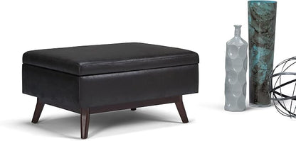 SIMPLIHOME Owen Coffee Table Storage Ottoman - 34" Wide x 19" High Upholstered Vegan Leather Rectangular Lift-Top Ottoman in Distressed Black, Mid-Century Bench for Living Room with Tapered Legs
