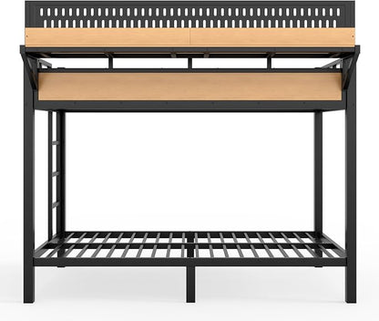 Bellemave Bunk Bed Twin XL Over Twin XL，Metal Bunk beds with Storage Shelves USB Ports and LED Lights, Natural