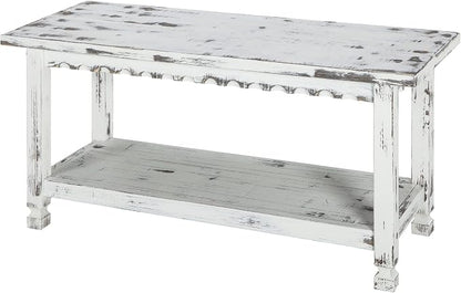 Country Cottage 36-Inch Farmhouse Entryway Bench with Storage Shelf – Solid Pine Wood Bench in Distressed White for Hallway, Bedroom, or Mudroom by Alaterre Furniture