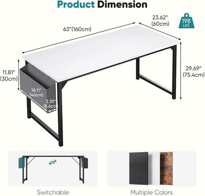 OLIXIS Computer Desk, 63 Inch Home Office Desks for Small Spaces, Writing Craft Study Gaming Table for Bedroom, Modern Computer Workstation with Storage Bag, White