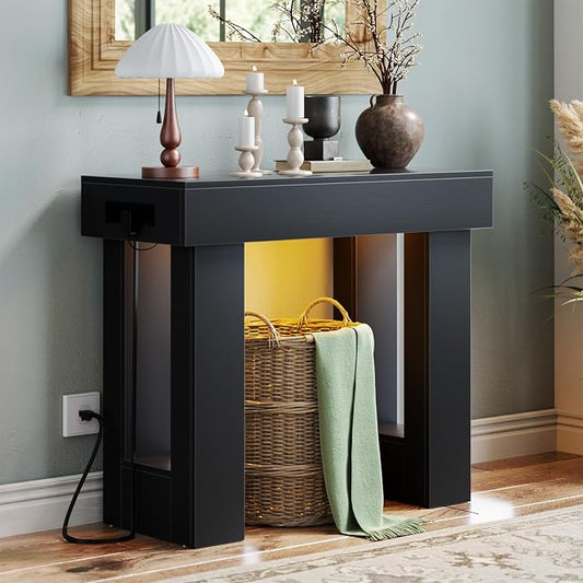 Unikito 39" Entryway Table with Socket and Sensor Light, Narrow Console Table with Storage Behind Couch, Farmhouse Entryway Table for Hallway, Behind the Couch, Living Room, Foyer, Black