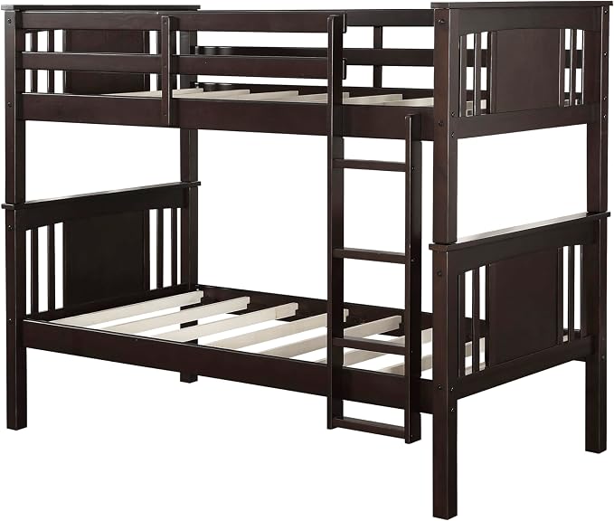 DHP Dylan Convertible Wood Bunk Bed, Stackable and Detachable Bed Frames for Kids and Teens, with Ladder, High Guardrail, Wood Slats, No Boxspring Required, Twin-Over-Twin, Espresso
