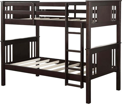 DHP Dylan Convertible Wood Bunk Bed, Stackable and Detachable Bed Frames for Kids and Teens, with Ladder, High Guardrail, Wood Slats, No Boxspring Required, Twin-Over-Twin, Espresso