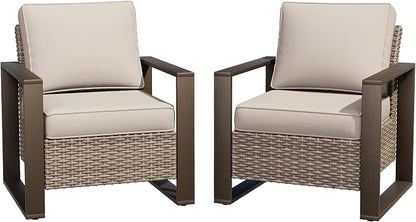 Joyside Outdoor Patio Chairs Set, 2 Pieces Wicker Rattan Chairs with Metal Wide Armrest, Thick Cushions and Deep Seating for Garden, Backyard, Porch, Deck