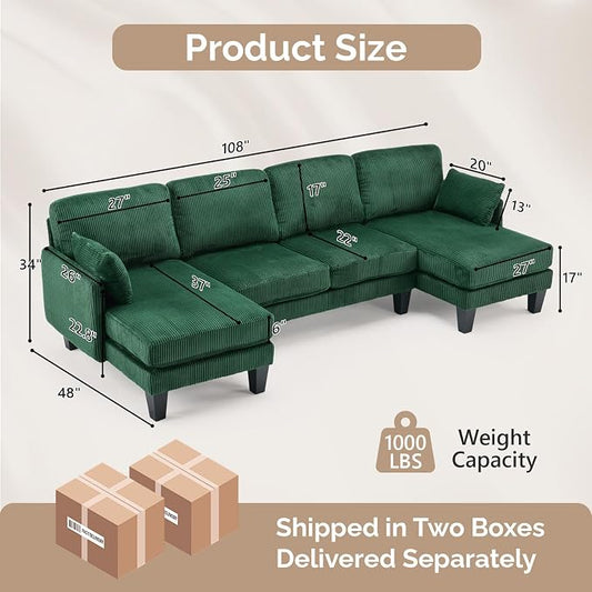 VINGLI 108" W U-Shaped Sectional Couches for Living Room, Sturdy Wooden Armrest Corduroy Cloud Couch with Double Chaise, High Support Modern 4-Seat Sectional Sofa for Apartment, Offices, Dark Green