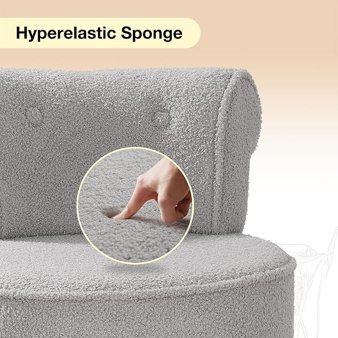 Vanity Chair with Back, Sherpa Stool with Tufted Backrest & Silver Nailhead Trim, Round Vanity Seat for Bedroom and Bathroom Makeup, Support 220lbs, Easy Assembly (Teddy Gray)