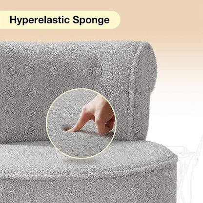 Vanity Chair with Back, Sherpa Stool with Tufted Backrest & Silver Nailhead Trim, Round Vanity Seat for Bedroom and Bathroom Makeup, Support 220lbs, Easy Assembly (Teddy Gray)