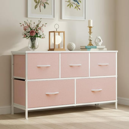 OLIXIS Pink Dresser for Girls Bedroom, Wide Dresser for Closet, 5 Drawers | Closet Organizers and Storage with Bins, Fabric Chest of Drawers for Clothes Storage, Wooden Top, Living Room