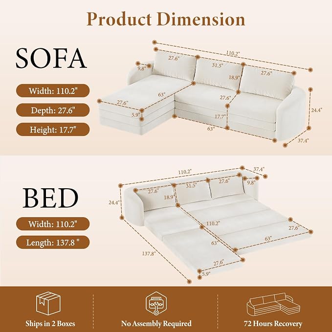 Vesgantti 110.2" Modular Sectional Boneless Couch with Curved Armrest, 6 in 1 Convertible Folding Sleeper Sofa Bed, Chenille Sofas for Living Room, No Assembly Required, Beige, Left Facing Chaise