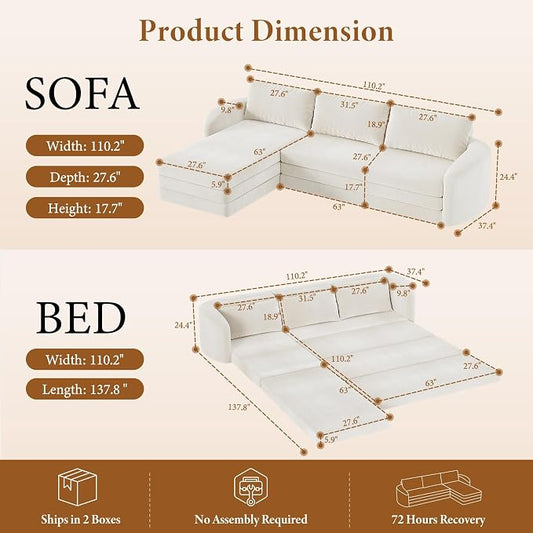 Vesgantti 6 in 1 Convertible Folding Sleeper Sofa Bed, 110.2" Modular Sectional Sofa with Curved Armrest, Chenille Boneless Couch for Living Room, No Assembly Required, Beige, Left Facing Chaise