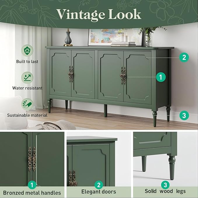 RoyalCraft Buffet Cabinet with Storage, 59" Vintage Sideboard with Adjustable Shelves, Mid Century Modern Painted Credenza Coffee Bar for Kitchen, Dining Room, Entryway, Living Room, Forest Green