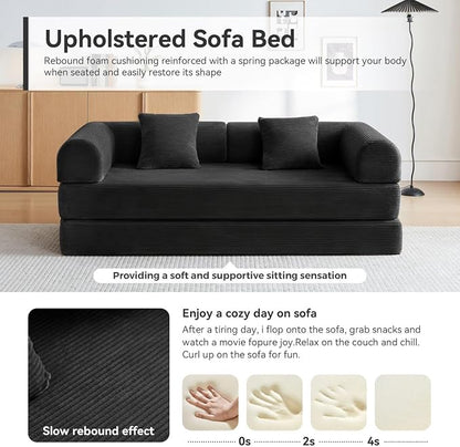 Convertible Sleeper Bed with 2 Cylindrical Pillow, Comfy Foldable Bed Compressed Sofa in Box, Floor Sofa Lounge Couch for Living Room Bedroom Lounge Studio, Tool-Free Assembly (Black)