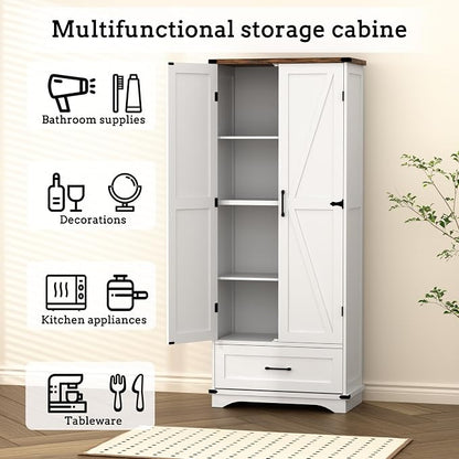 71" Farmhouse Kitchen Pantry Storage Cabinet with Drawer & 2 Barn Doors, Freestanding Cupboard with Adjustable Shelves, Modern Floor Cabinet for Kitchen, Dining Room, Living Room, White