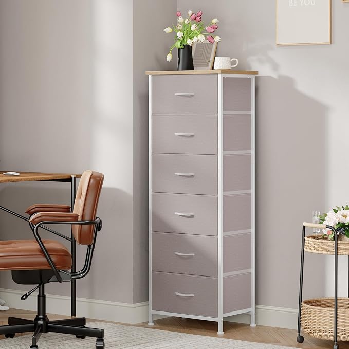 Somdot Tall Dresser for Bedroom with 6 Drawers, Storage Organizer Chest of Drawers with Removable Fabric Bins for Closet Bedside Living Room Laundry Entryway Hallway, Ash Grey