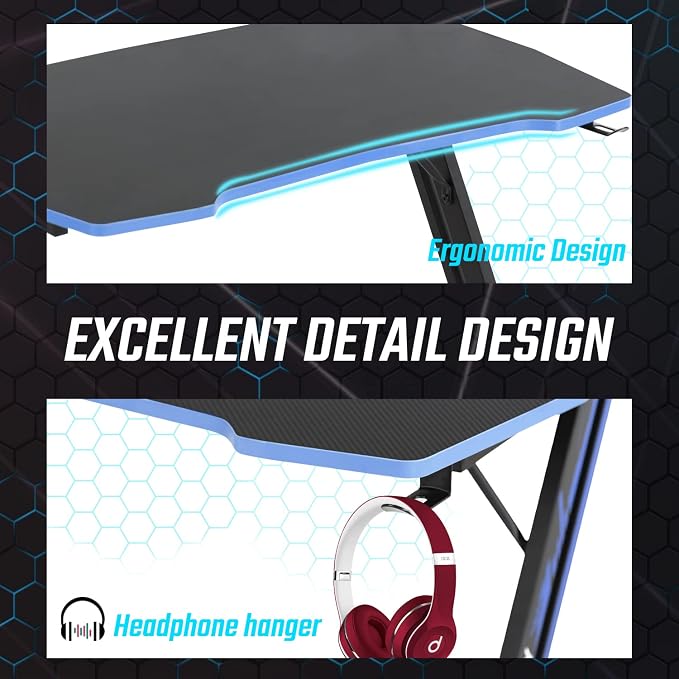 BestOffice Gmaing Desk Z Shaped 39.4in Computer Gaming Workstation Ergonomic Gaming Table with Headphone Hook for Game Players, Blue