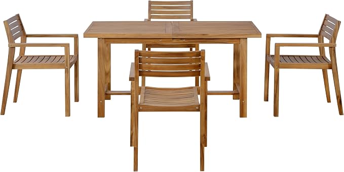 Quarte 5-Piece Outdoor Acacia Wood Dining Set, 59.06-Inch Rectangular Table with Umbrella Hole & 4 Chairs,Patio/Garden/Poolside Furniture for Family Gatherings (Natural-r2)