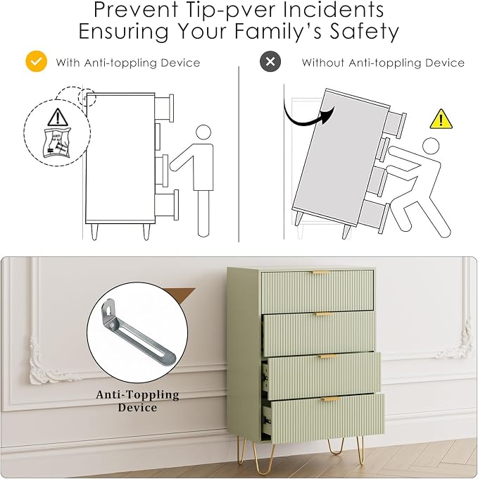 Masupu 4 Drawer Dresser, Drawer Chest, Tall Storage Dresser Chest Cabinet Organizer Unit with Gold Metal Legs, Nightstand for Bedroom, Living Room, Closet, Hallway Green Stripe