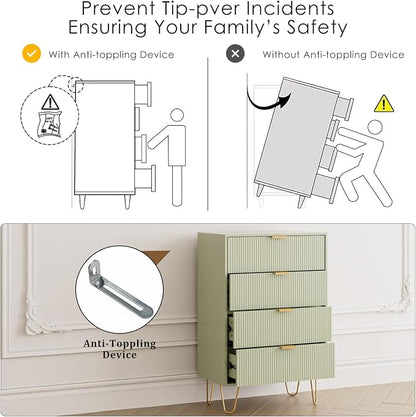 Masupu 4 Drawer Dresser, Drawer Chest, Tall Storage Dresser Chest Cabinet Organizer Unit with Gold Metal Legs, Nightstand for Bedroom, Living Room, Closet, Hallway Green Stripe
