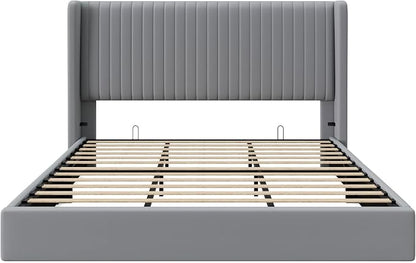 Allewie King Size Lift Up Storage Bed Frame, Hydraulic Support System, Upholstered Platform Bed Frame, Underneath Storage, Vertical Channel Tufted Headboard with Wingback, No Box Spring Needed, Grey