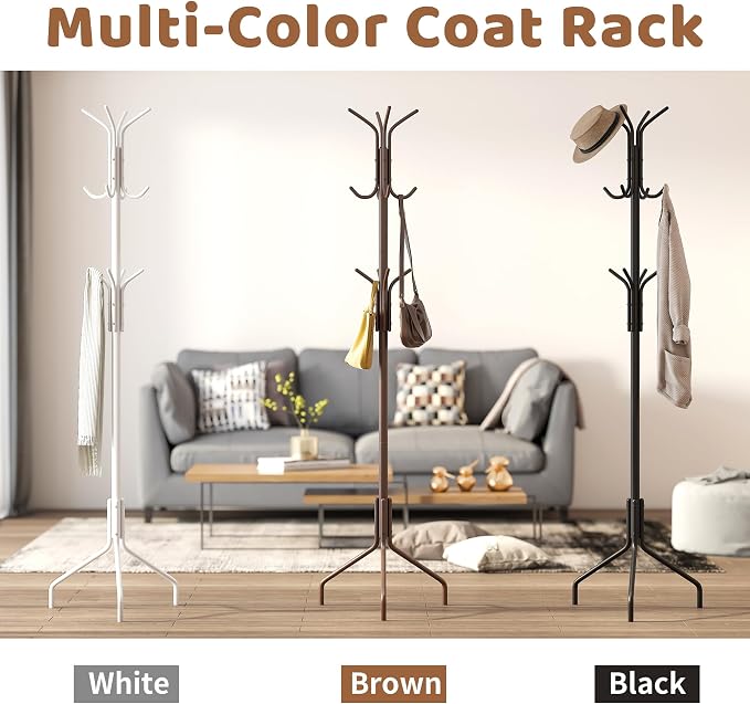 Coat Rack Freestanding Coat Tree Standing Hat Hanger Jacket Organizer Rack Metal,18.3" L x 18.3" W x 71.5" H,White