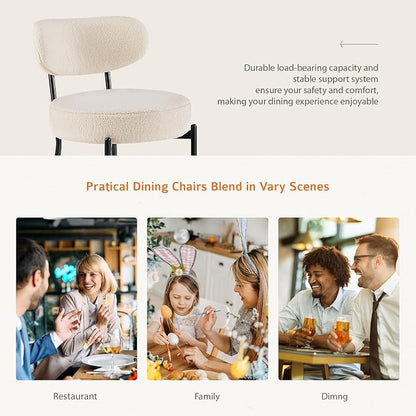 Sweetcrispy Dining Chairs Set of 6, Boucle Upholstered Modern Mid Century Round Kitchen Chairs with Curved Backrest & Metal Legs for Vanity, Living Room - Classic Beige