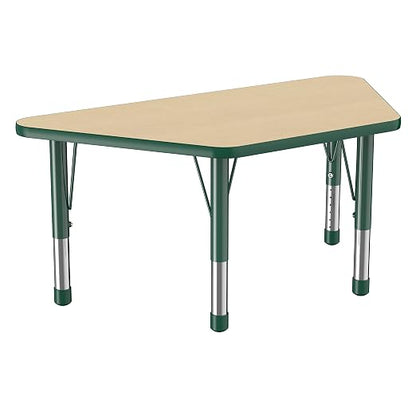 FDP Trapezoid Activity School and Classroom Kids Table (24 x 48 inch), Chunky Toddler Legs for Collaborative Seating Environments, Adjustable Height 15-24 inches - Maple Top and Green Edge