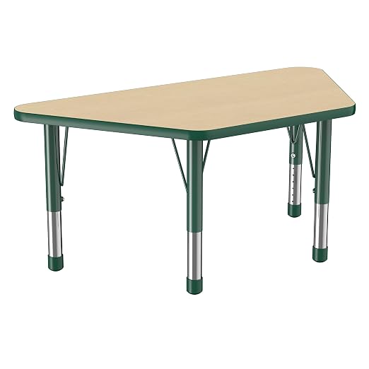 FDP Trapezoid Activity School and Classroom Kids Table (24 x 48 inch), Chunky Toddler Legs for Collaborative Seating Environments, Adjustable Height 15-24 inches - Maple Top and Green Edge