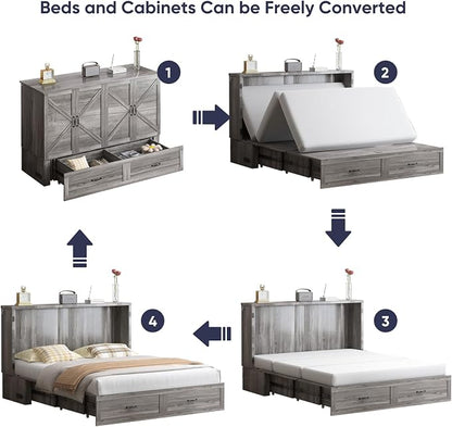 ijuicy Queen Murphy Cabinet Bed, with Mattress, Storage & Charge, Grey | Queen Murphy Bed Built-in multifunctional charging station & storage drawers, space-saving foldaway design for guest room.