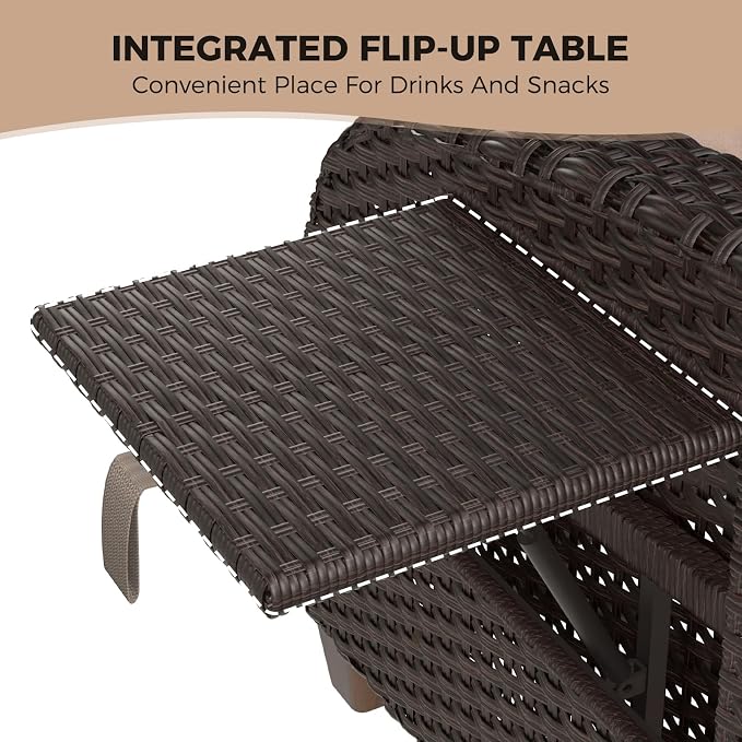 Grand patio Outdoor Recliner Air Pump 150° Lay Flat Reclining Chair with Independent Adjustable Back and Footrest Removable Olefin Cushion Flip-Up Table Wicker Beige 2PCS