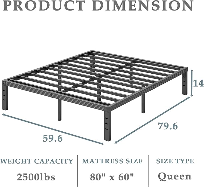 FSCHOS Bed-Frame-Queen, 14 Inch Metal Platform Bed-Frame No Box Spring Needed, Heavy Duty, Easy Assembly, Noise Free, Black